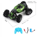 Dealonlinenz RC Stunt Car Transformer 4WD performing stunts on a track, showcasing its flexible design and vibrant colors.