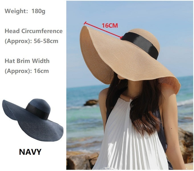 NAVY- 16cm Wide Brim Women Lady Sun Straw Hat Floppy Derby Summer Beach Cap