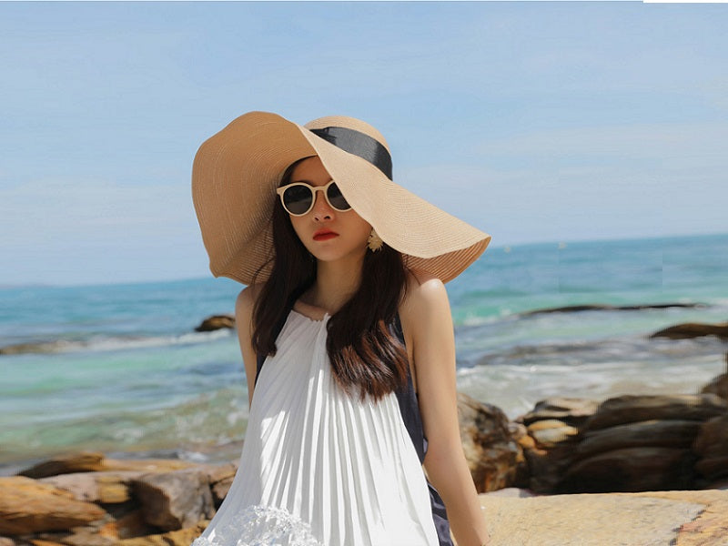 NAVY- 16cm Wide Brim Women Lady Sun Straw Hat Floppy Derby Summer Beach Cap