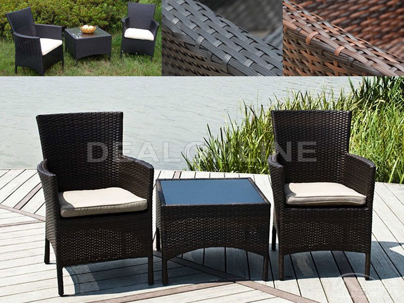Brown 3PC Set PE/PVC Rattan Patio Chairs & Side Table 3PC Set