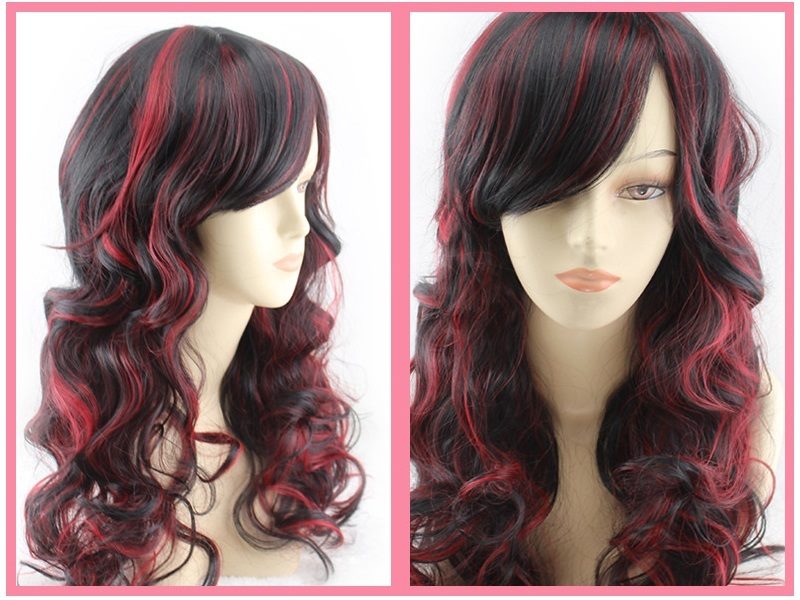 Women Long Wig Black with Red Synthetic Hair Full Wigs High Quality