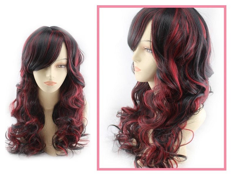 Women Long Wig Black with Red Synthetic Hair Full Wigs High Quality