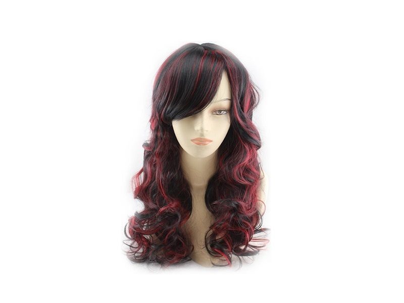 Women Long Wig Black with Red Synthetic Hair Full Wigs High Quality
