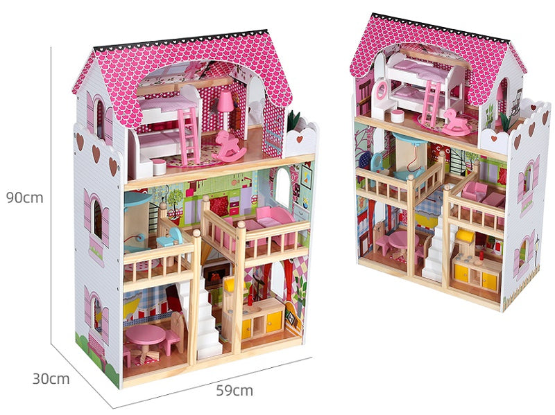 Large 90CM Wooden Doll House with Furniture Toys for kids Pink Big Villa set