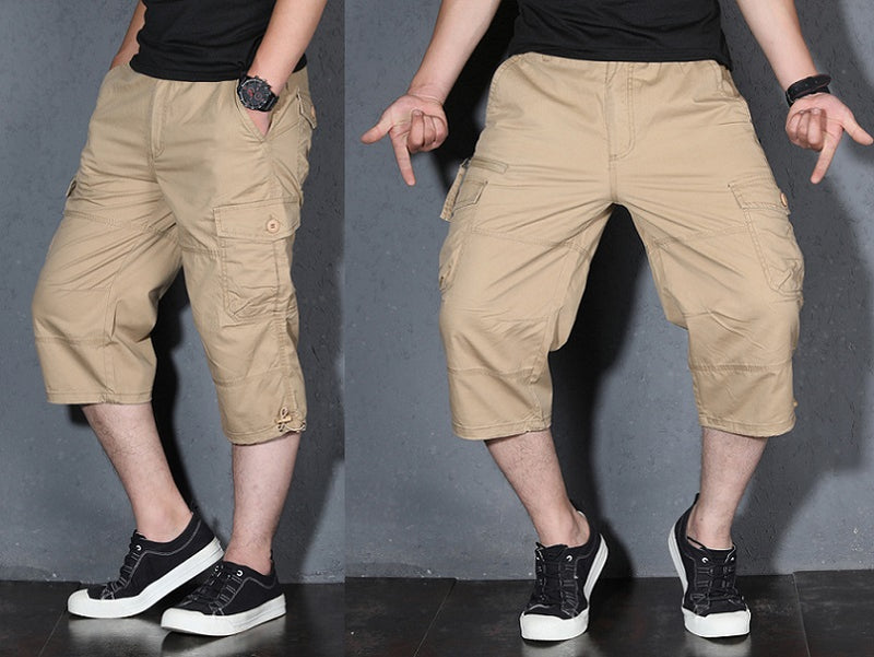 Men's 3/4 Cotton Cargo Short Pants Casual Loose Fit Outdoor Capri Long