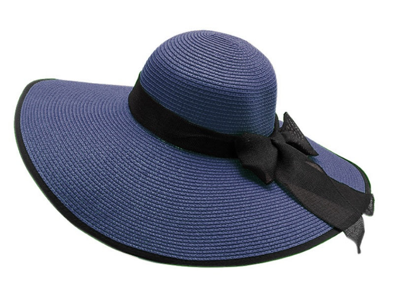 NAVY/BLK- Women Lady Sun Straw Hat Wide Large Brim Floppy Derby Summer Beach Cap