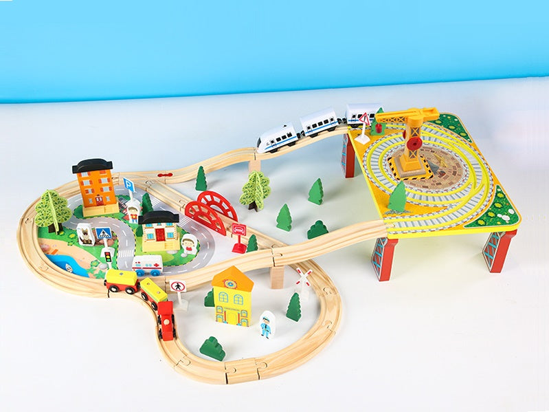 78 Pcs Wooden Railway Track Toy Early Educational Manual Control Car Set Gift