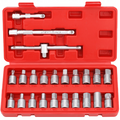 Dealonlinenz 23-piece oil drain plug removal tool kit with various key sockets laid out on a white surface.