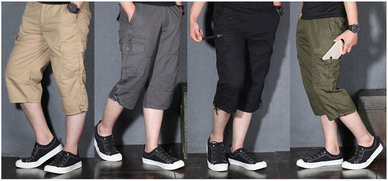 Men's 3/4 Cotton Cargo Short Pants Casual Loose Fit Outdoor Capri Long