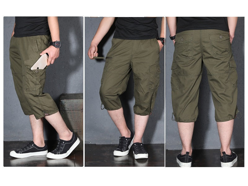 Men's 3/4 Cotton Cargo Short Pants Casual Loose Fit Outdoor Capri Long Shorts
