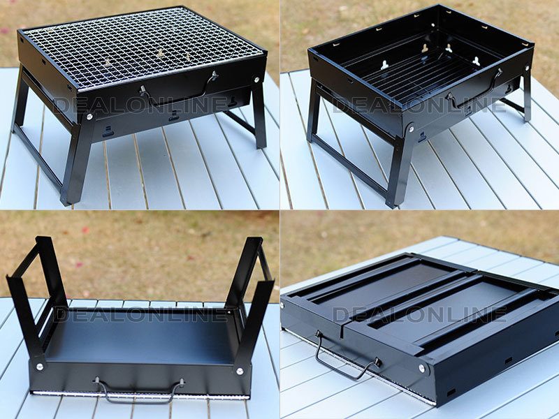 Portable Briefcase-Size Charcoal BBQ Stove Grill - BLACK