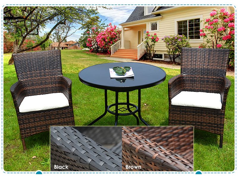 BLACK PE/PVC Rattan Patio Chairs & Round Table 3PC Set