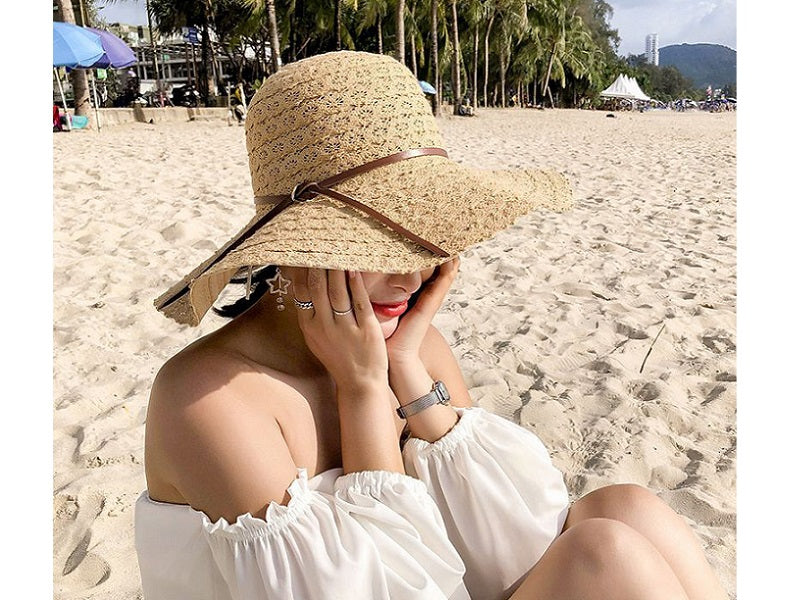 BLACK Women Lady Sun Straw Hat Wide Large Brim Floppy Derby Summer Beach Cap