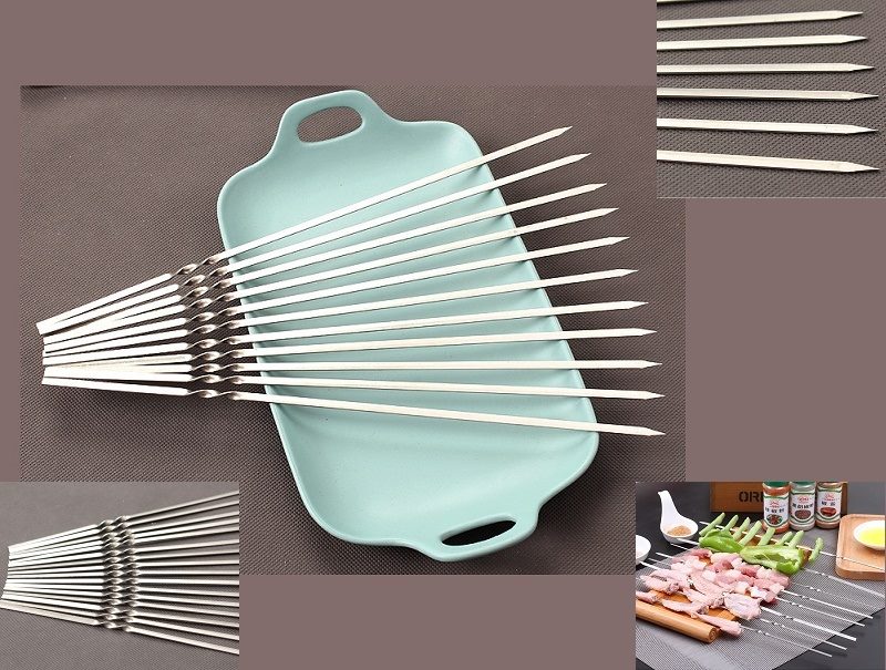 100pcs Stainless Steel Barbecue BBQ Grilling Kabob Kebab Flat Skewers Needle Too